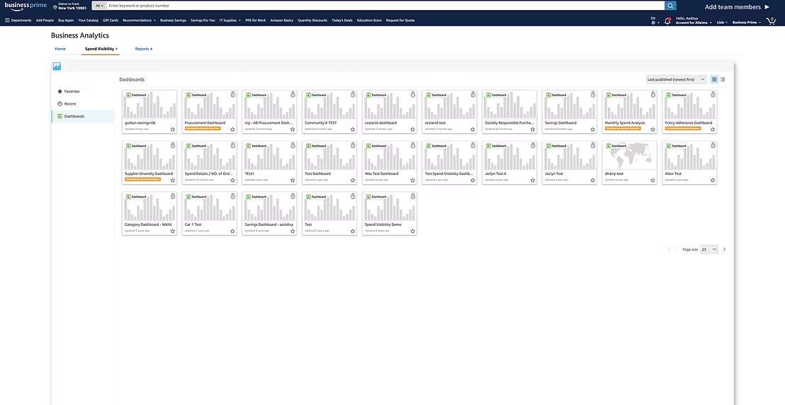 The Business Analytics dashboards list in Amazon Business Prime, showing the existing Policy Adherence and Procurement dashboards