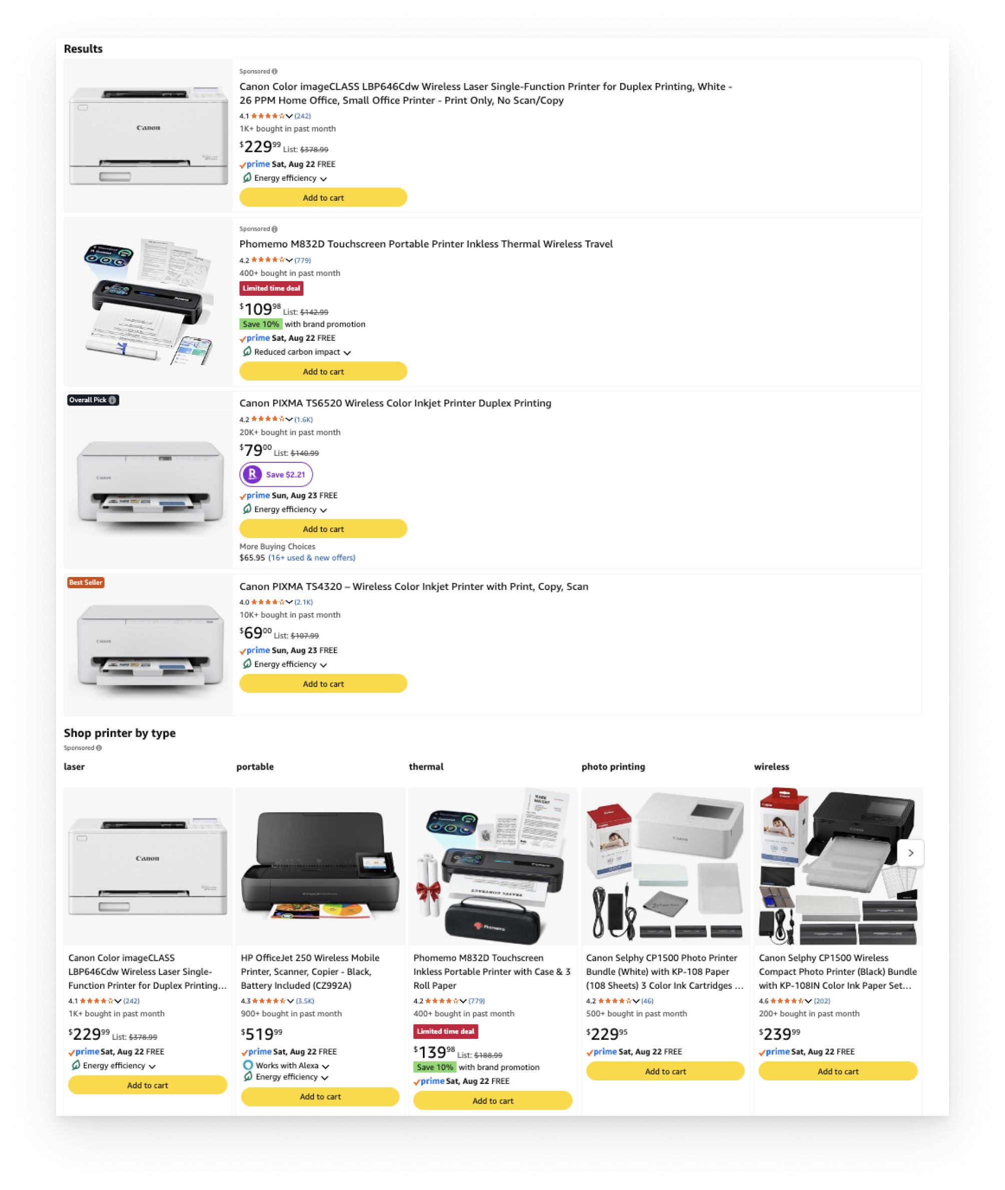 Amazon Business search results page dense with printer listings, prices and promotions